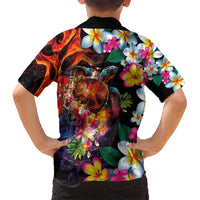 Hawaiian Lei Day Kid Hawaiian Shirt Colorful Plumeria and Volcanic Turtle with Abstract Lava Texture