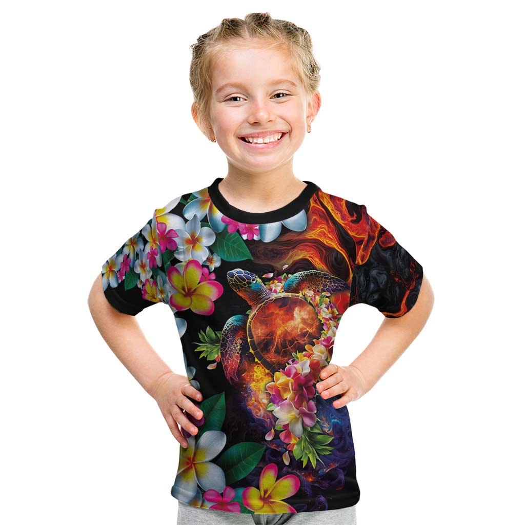 Hawaiian Lei Day Kid T Shirt Colorful Plumeria and Volcanic Turtle with Abstract Lava Texture
