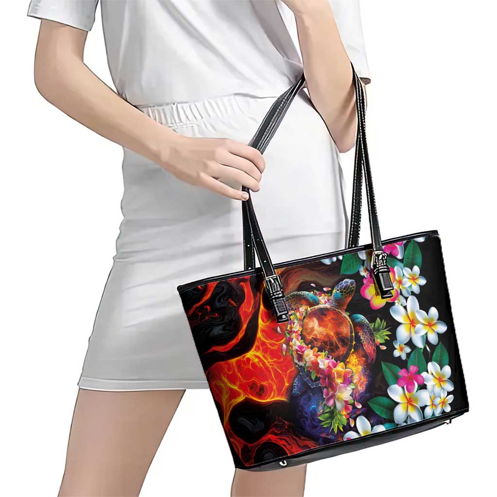Hawaiian Lei Day Leather Tote Bag Colorful Plumeria and Volcanic Turtle with Abstract Lava Texture