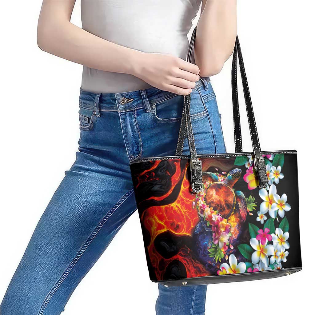 Hawaiian Lei Day Leather Tote Bag Colorful Plumeria and Volcanic Turtle with Abstract Lava Texture