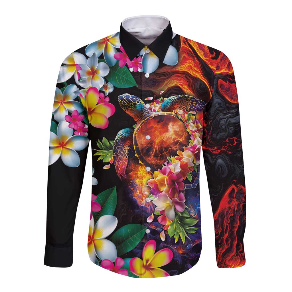 Hawaiian Lei Day Long Sleeve Button Shirt Colorful Plumeria and Volcanic Turtle with Abstract Lava Texture LT03 Unisex Black - Polynesian Pride