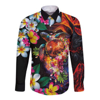 Hawaiian Lei Day Long Sleeve Button Shirt Colorful Plumeria and Volcanic Turtle with Abstract Lava Texture LT03 Unisex Black - Polynesian Pride