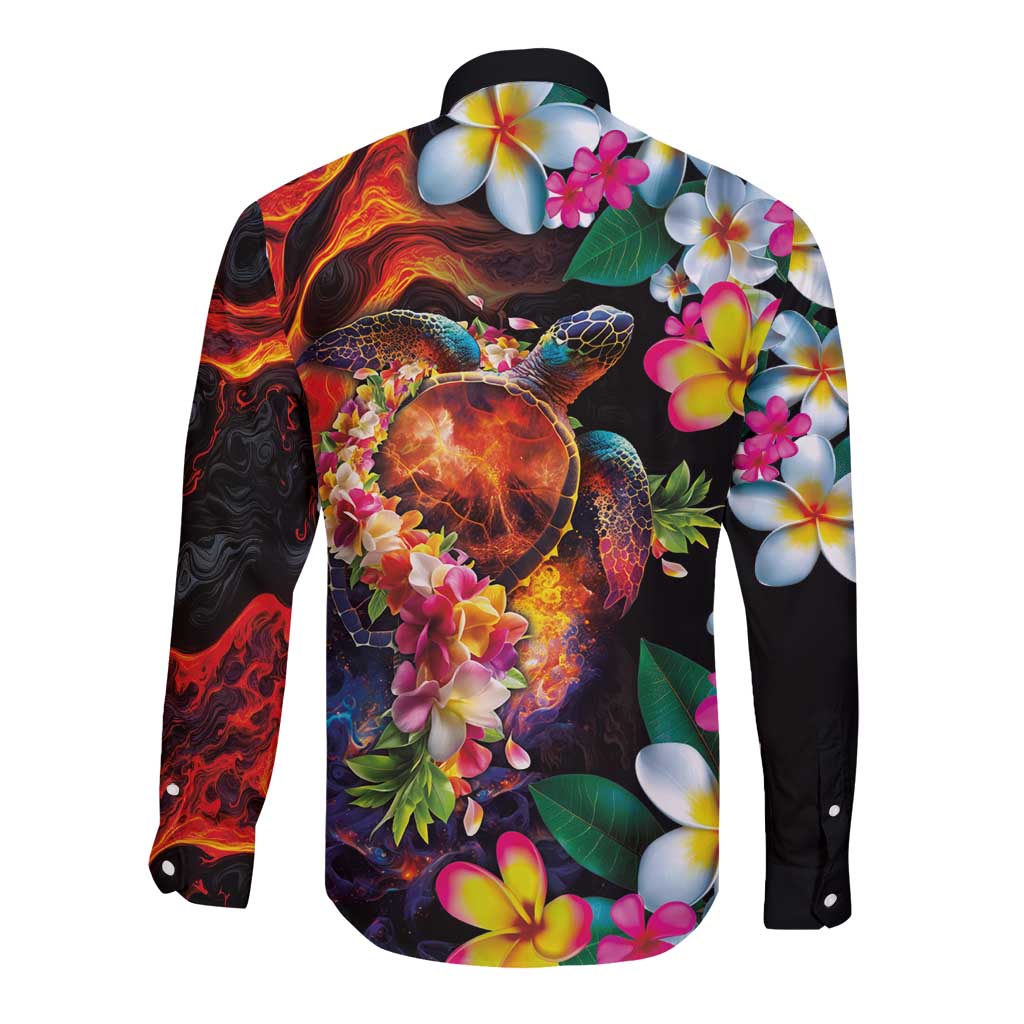 Hawaiian Lei Day Long Sleeve Button Shirt Colorful Plumeria and Volcanic Turtle with Abstract Lava Texture LT03 - Polynesian Pride