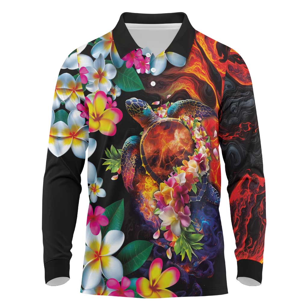 Hawaiian Lei Day Long Sleeve Polo Shirt Colorful Plumeria and Volcanic Turtle with Abstract Lava Texture