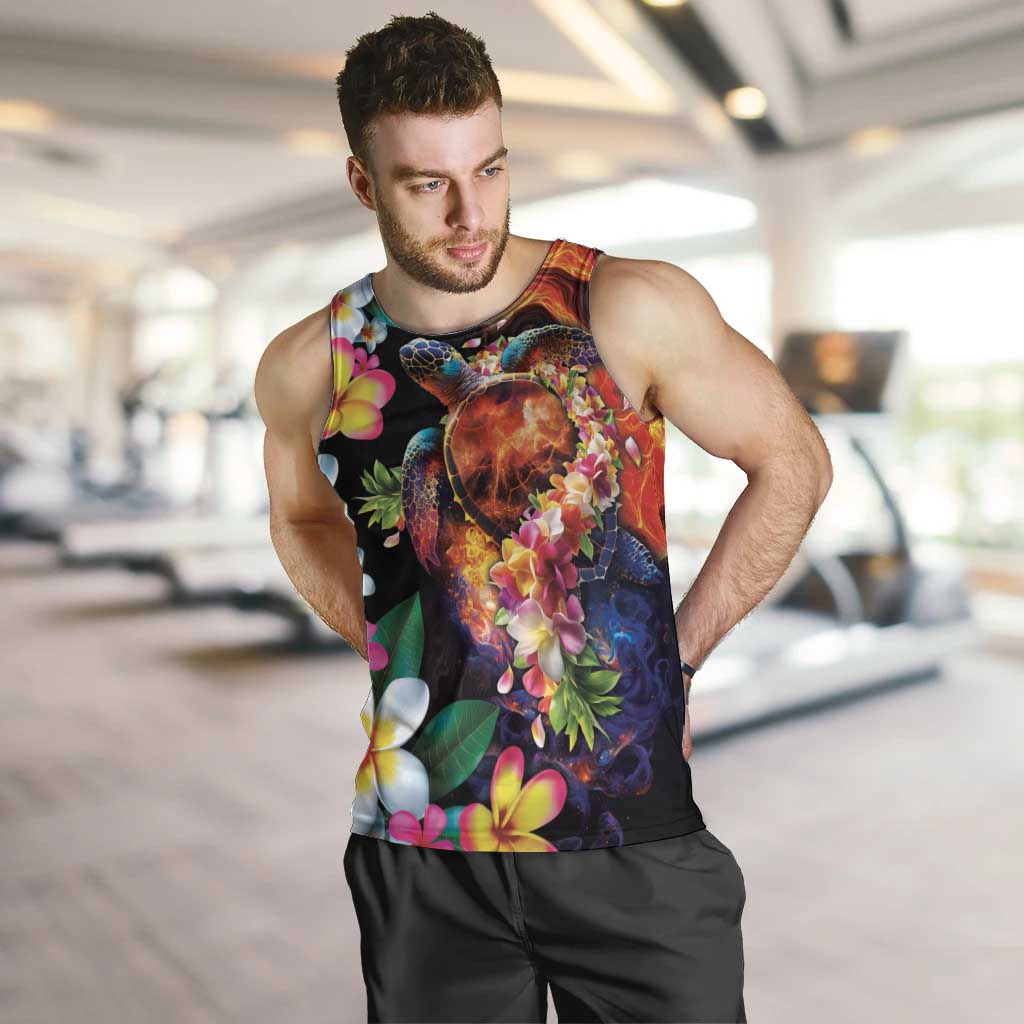 Hawaiian Lei Day Men Tank Top Colorful Plumeria and Volcanic Turtle with Abstract Lava Texture LT03 Black - Polynesian Pride