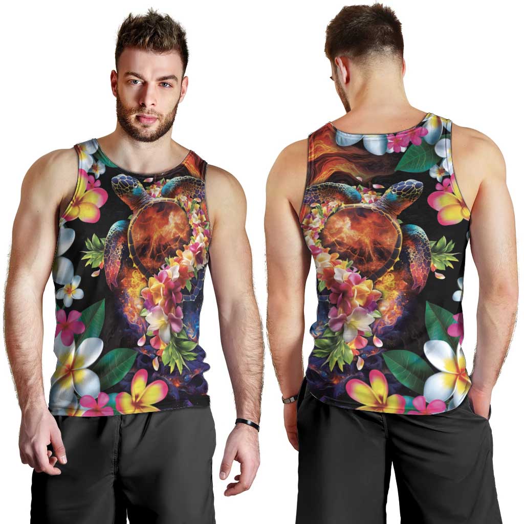 Hawaiian Lei Day Men Tank Top Colorful Plumeria and Volcanic Turtle with Abstract Lava Texture LT03 - Polynesian Pride