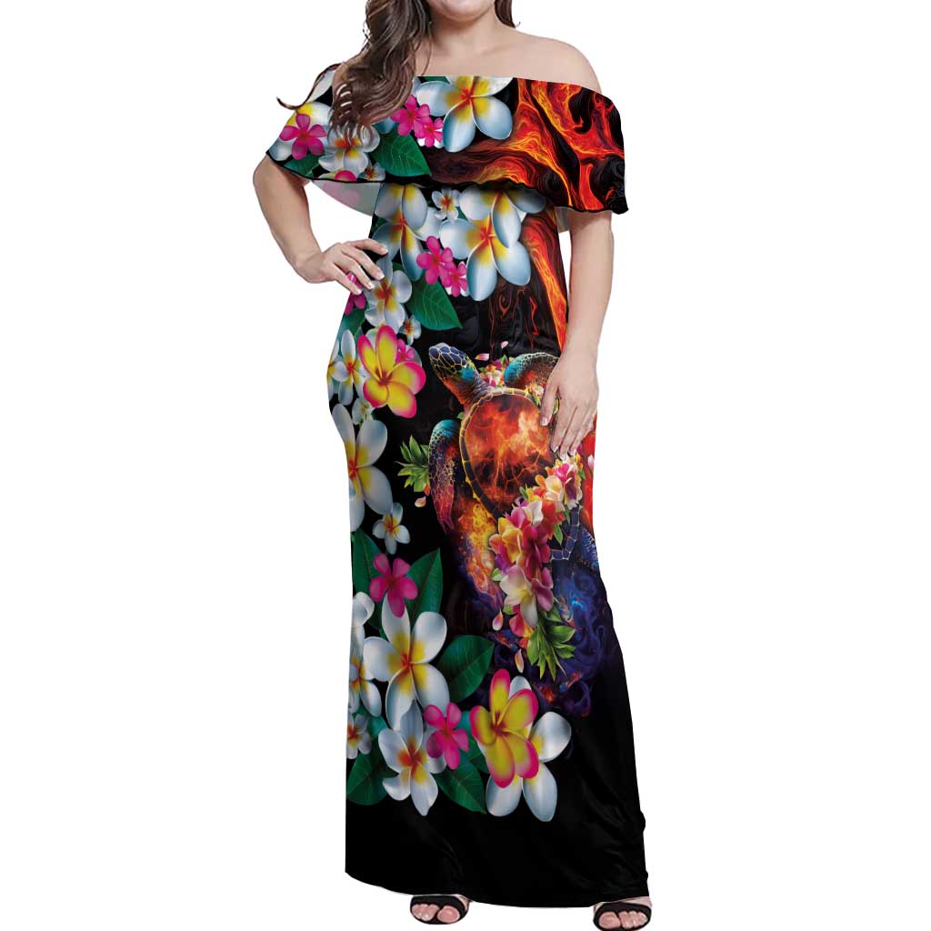 Hawaiian Lei Day Off Shoulder Maxi Dress Colorful Plumeria and Volcanic Turtle with Abstract Lava Texture LT03 Women Black - Polynesian Pride