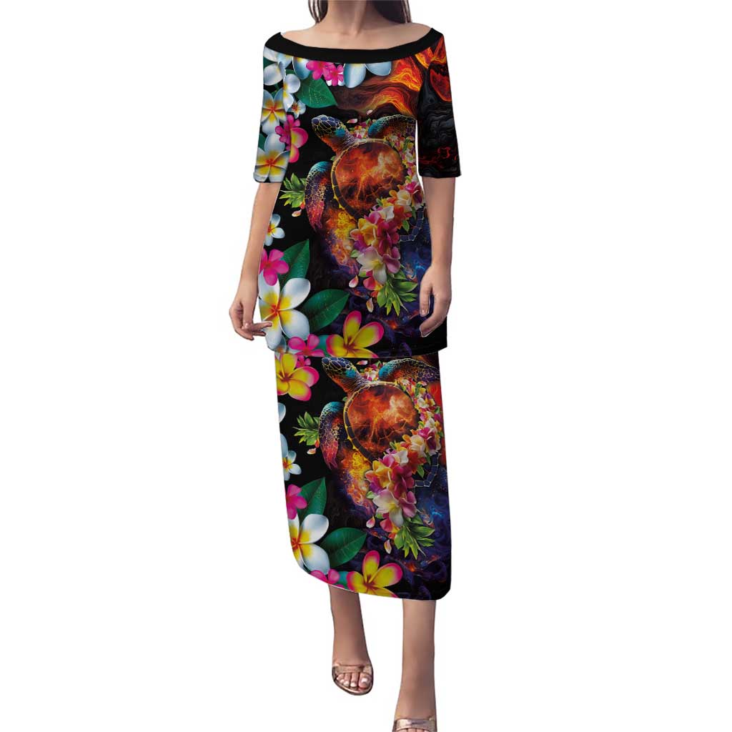 Hawaiian Lei Day Puletasi Colorful Plumeria and Volcanic Turtle with Abstract Lava Texture LT03 Long Dress Black - Polynesian Pride