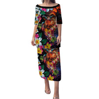Hawaiian Lei Day Puletasi Colorful Plumeria and Volcanic Turtle with Abstract Lava Texture LT03 Long Dress Black - Polynesian Pride