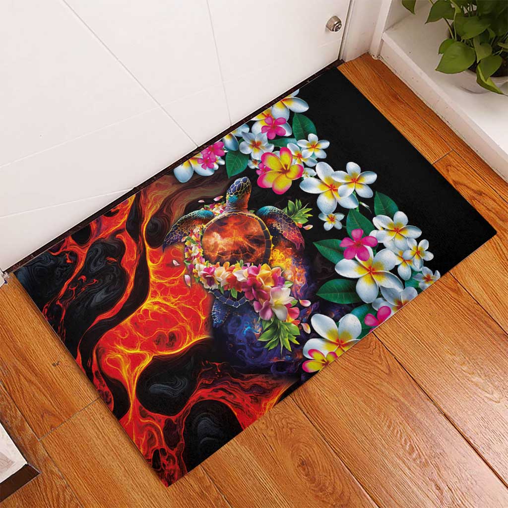 Hawaiian Lei Day Rubber Doormat Colorful Plumeria and Volcanic Turtle with Abstract Lava Texture LT03 - Polynesian Pride