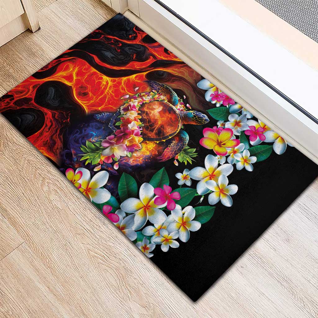 Hawaiian Lei Day Rubber Doormat Colorful Plumeria and Volcanic Turtle with Abstract Lava Texture LT03 - Polynesian Pride