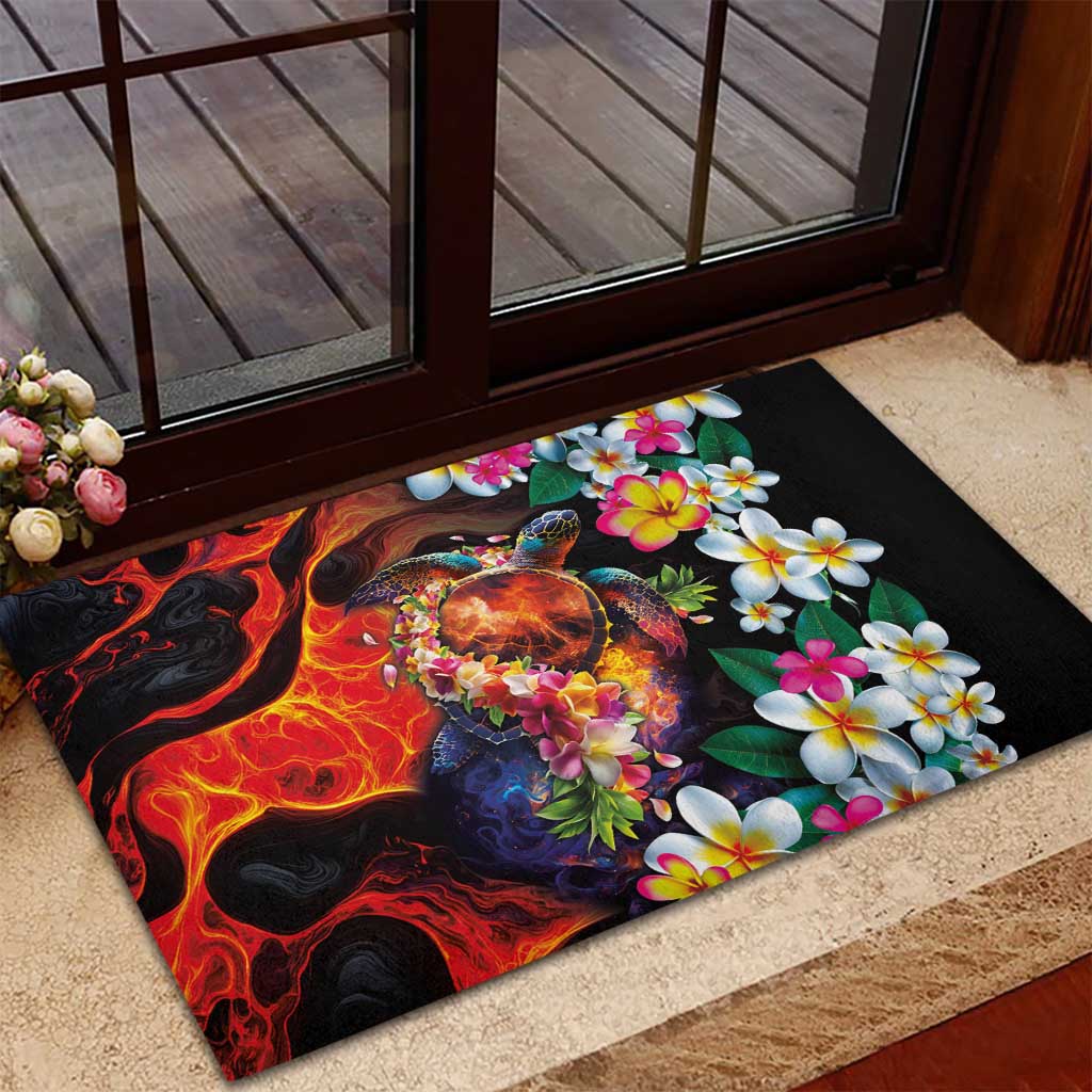 Hawaiian Lei Day Rubber Doormat Colorful Plumeria and Volcanic Turtle with Abstract Lava Texture LT03 - Polynesian Pride