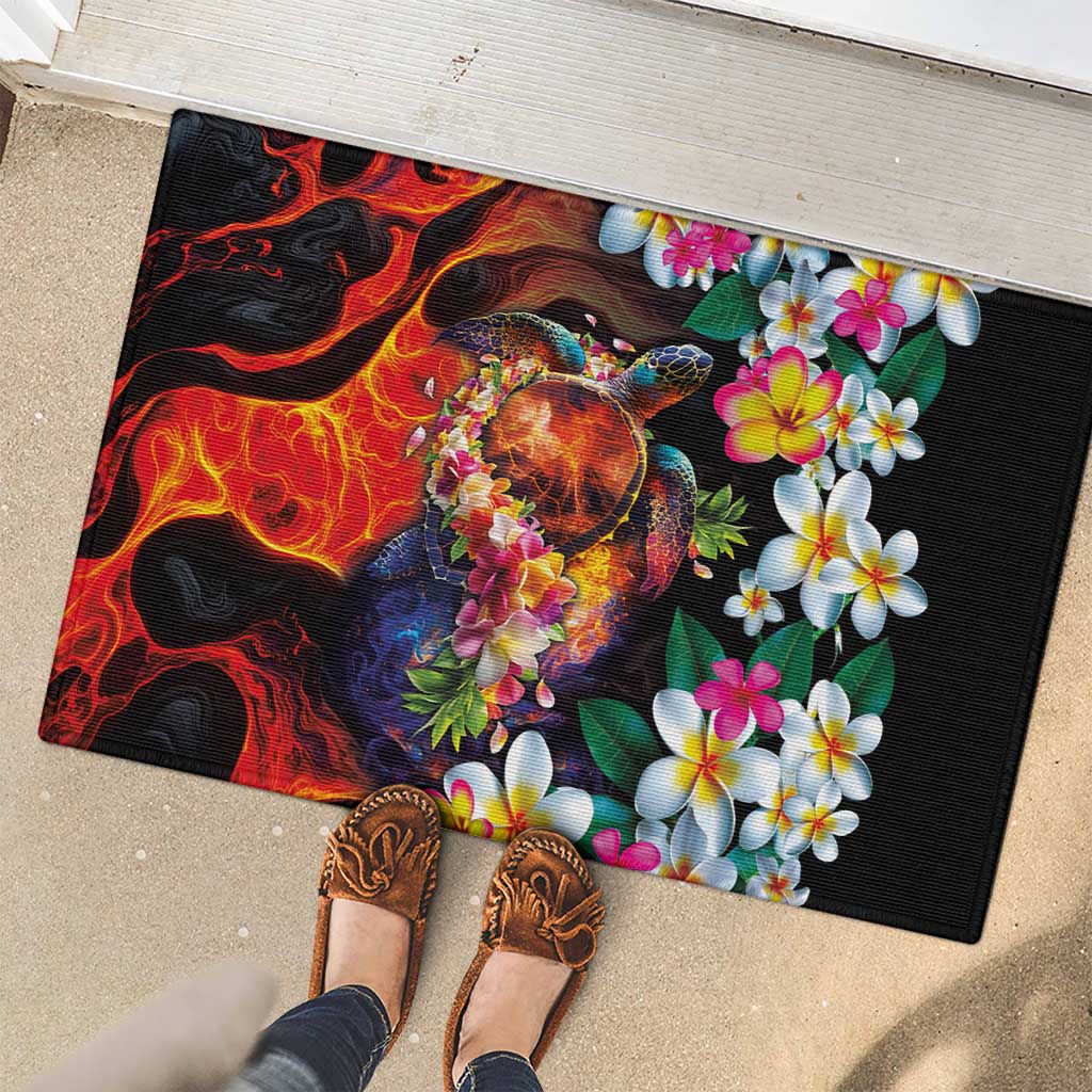Hawaiian Lei Day Rubber Doormat Colorful Plumeria and Volcanic Turtle with Abstract Lava Texture LT03 - Polynesian Pride