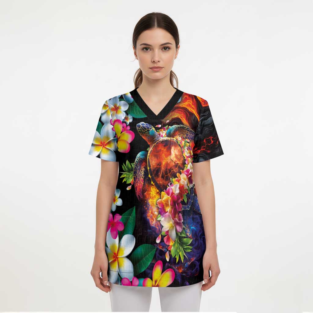 Hawaiian Lei Day Scrub Top Colorful Plumeria and Volcanic Turtle with Abstract Lava Texture - Polynesian Pride