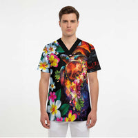 Hawaiian Lei Day Scrub Top Colorful Plumeria and Volcanic Turtle with Abstract Lava Texture - Polynesian Pride