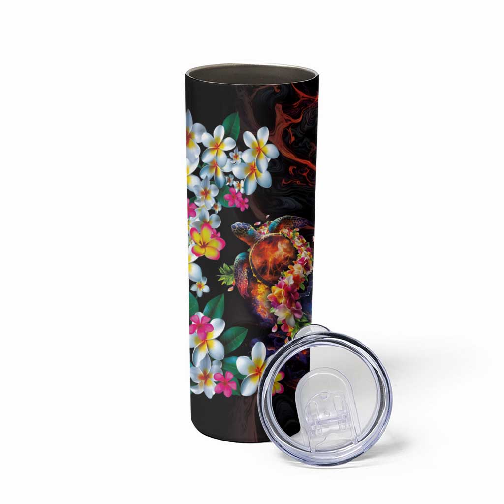 Hawaiian Lei Day Skinny Tumbler Colorful Plumeria and Volcanic Turtle with Abstract Lava Texture