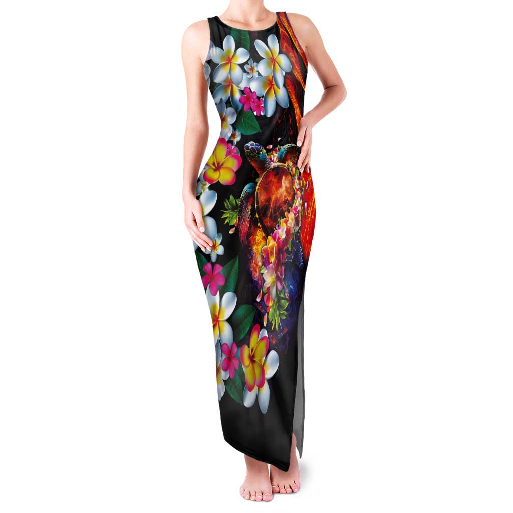 Hawaiian Lei Day Tank Maxi Dress Colorful Plumeria and Volcanic Turtle with Abstract Lava Texture LT03 Women Black - Polynesian Pride