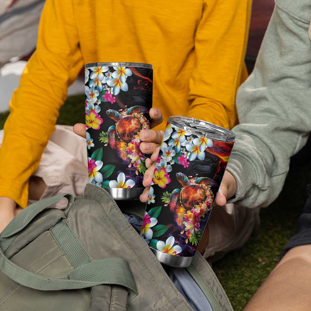 Hawaiian Lei Day Tumbler Cup Colorful Plumeria and Volcanic Turtle with Abstract Lava Texture