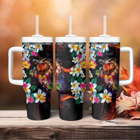 Hawaiian Lei Day Tumbler With Handle Colorful Plumeria and Volcanic Turtle with Abstract Lava Texture