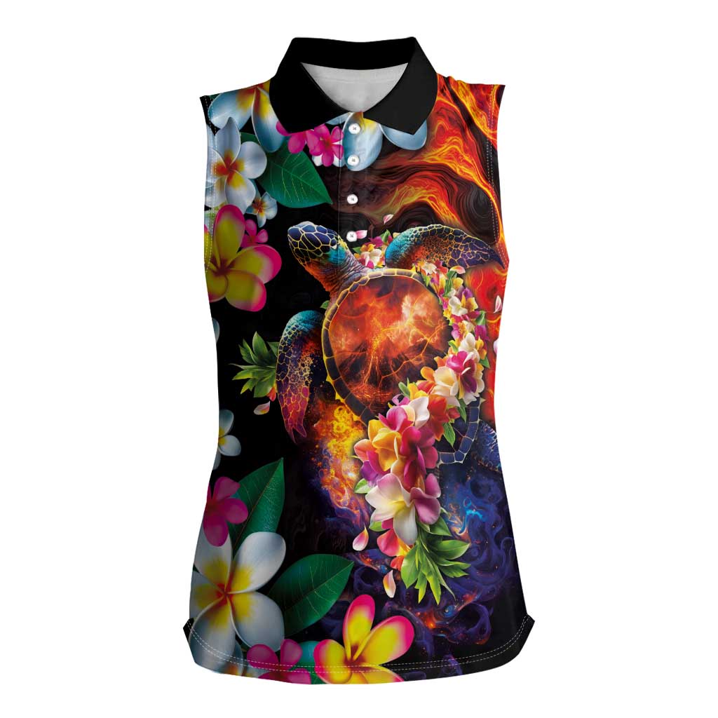 Hawaiian Lei Day Women Sleeveless Polo Shirt Colorful Plumeria and Volcanic Turtle with Abstract Lava Texture