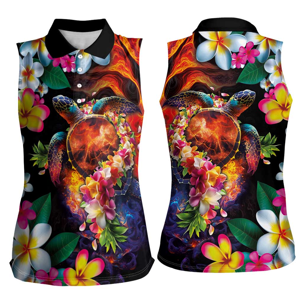 Hawaiian Lei Day Women Sleeveless Polo Shirt Colorful Plumeria and Volcanic Turtle with Abstract Lava Texture