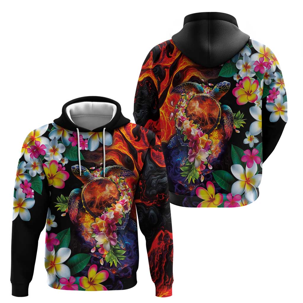 Hawaiian Lei Day Zip Hoodie Colorful Plumeria and Volcanic Turtle with Abstract Lava Texture