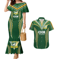 Custom Cook Islands Rugby League Couples Matching Mermaid Dress and Hawaiian Shirt Tatau Tribal Pattern-Special Edition Green Color