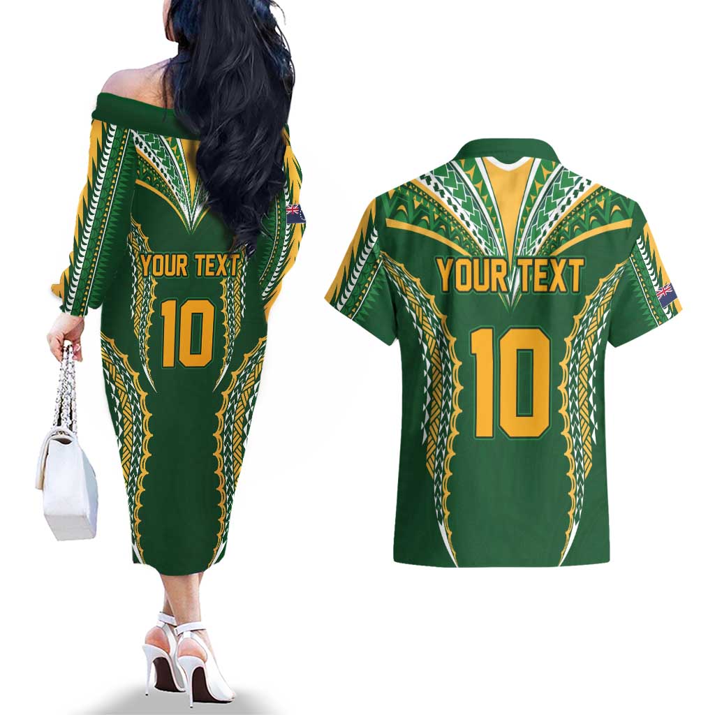 Custom Cook Islands Rugby League Couples Matching Off The Shoulder Long Sleeve Dress and Hawaiian Shirt Tatau Tribal Pattern-Special Edition Green Color
