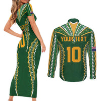 Custom Cook Islands Rugby League Couples Matching Short Sleeve Bodycon Dress and Long Sleeve Button Shirt Tatau Tribal Pattern-Special Edition Green Color