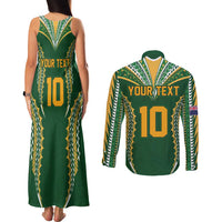 Custom Cook Islands Rugby League Couples Matching Tank Maxi Dress and Long Sleeve Button Shirt Tatau Tribal Pattern-Special Edition Green Color