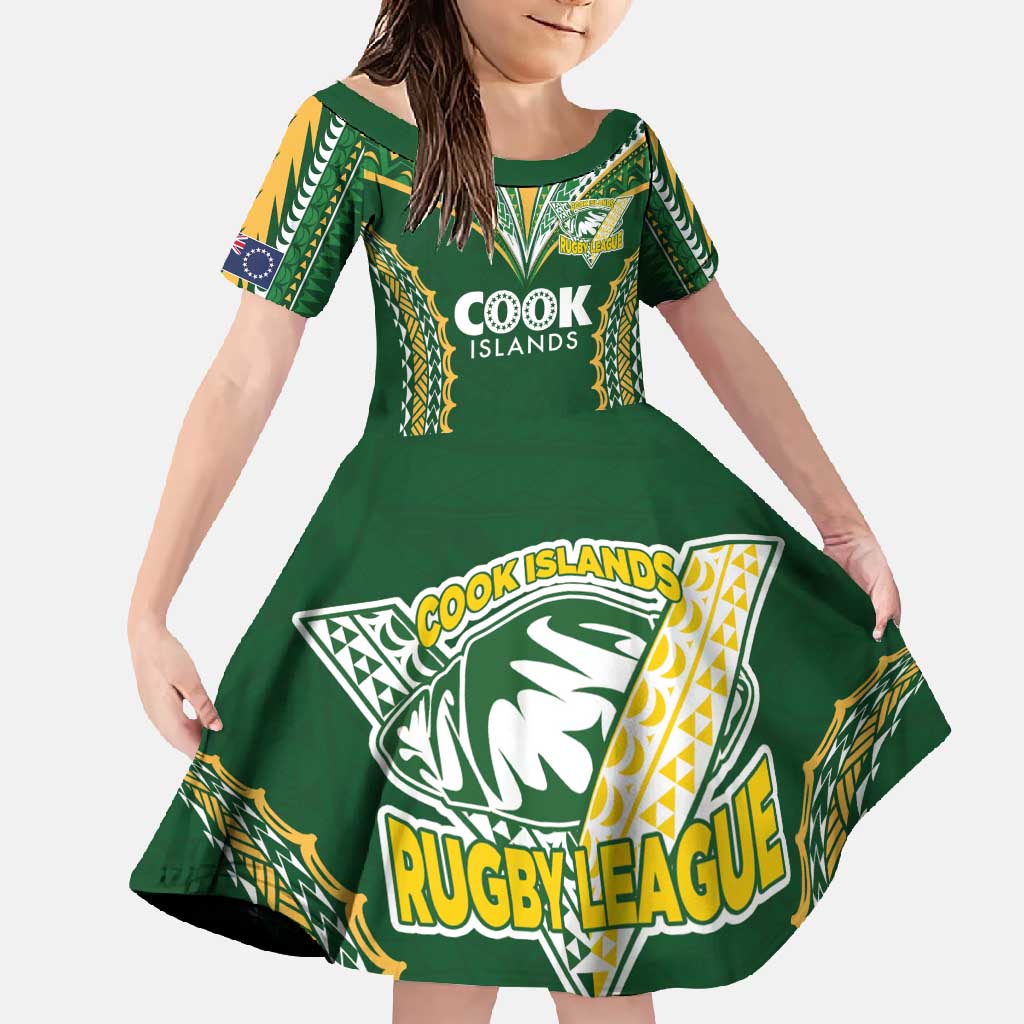 Custom Cook Islands Rugby League Family Matching Long Sleeve Bodycon Dress and Hawaiian Shirt Tatau Tribal Pattern-Special Edition Green Color