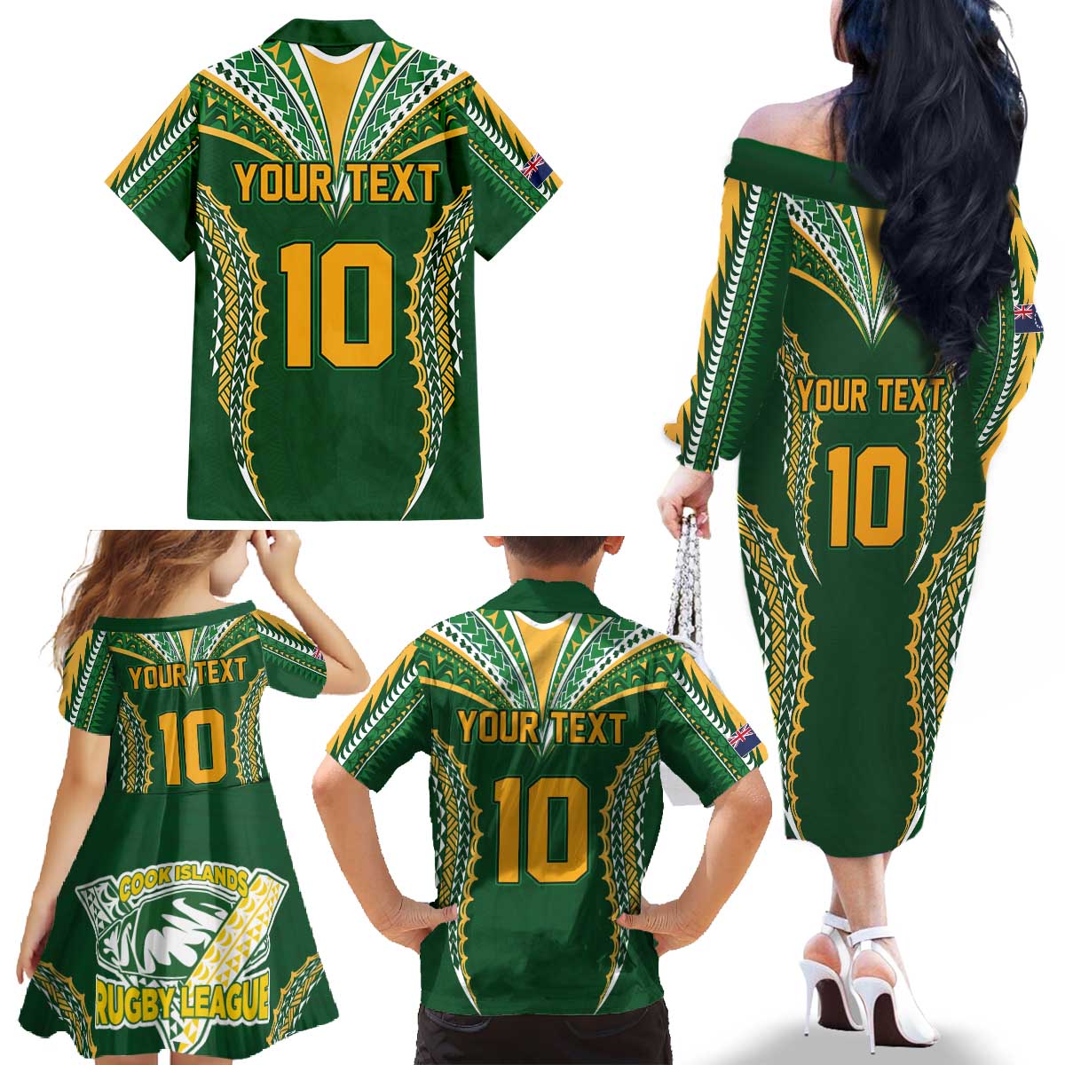 Custom Cook Islands Rugby League Family Matching Off The Shoulder Long Sleeve Dress and Hawaiian Shirt Tatau Tribal Pattern-Special Edition Green Color