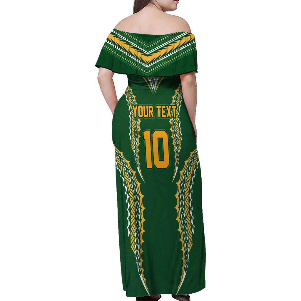 Custom Cook Islands Rugby League Family Matching Off Shoulder Maxi Dress and Hawaiian Shirt Tatau Tribal Pattern-Special Edition Green Color