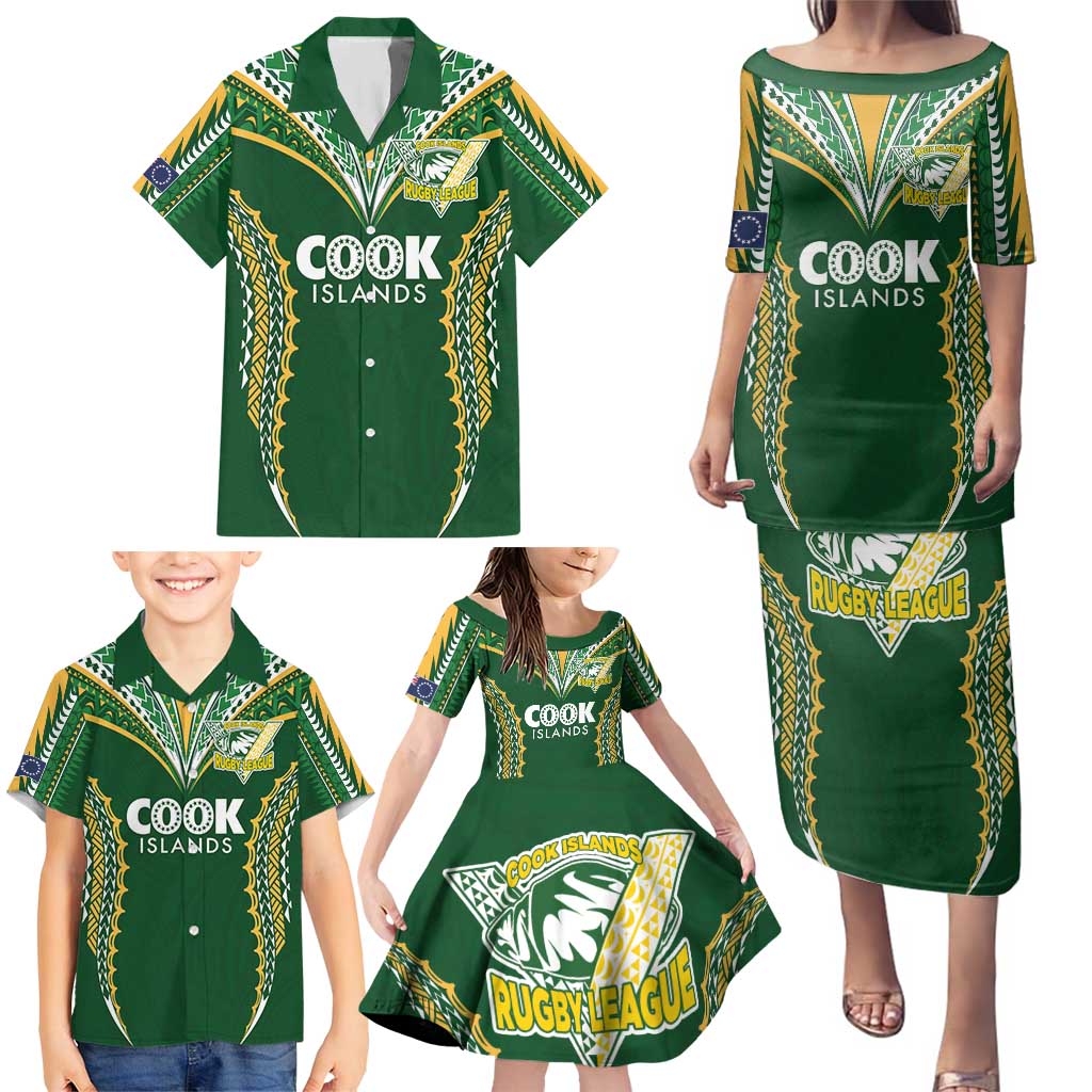 Custom Cook Islands Rugby League Family Matching Puletasi and Hawaiian Shirt Tatau Tribal Pattern-Special Edition Green Color