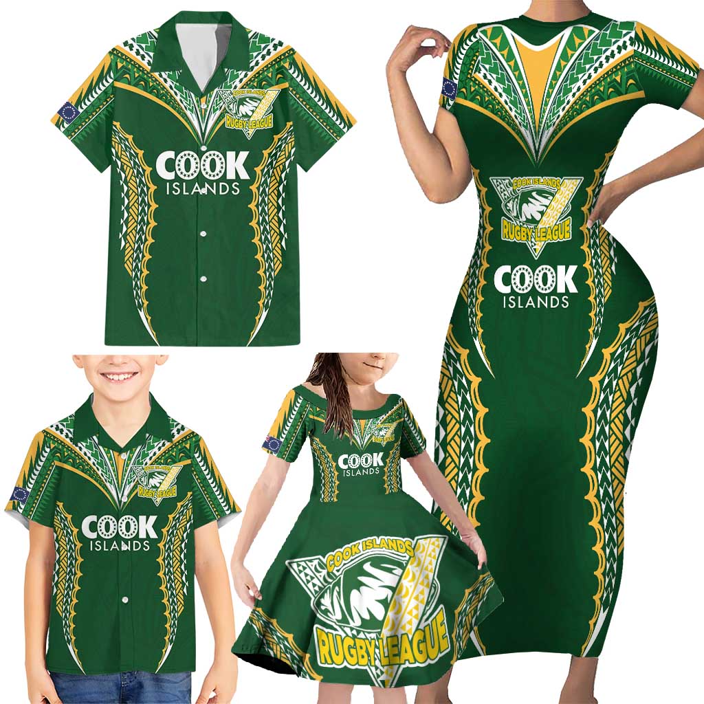 Custom Cook Islands Rugby League Family Matching Short Sleeve Bodycon Dress and Hawaiian Shirt Tatau Tribal Pattern-Special Edition Green Color