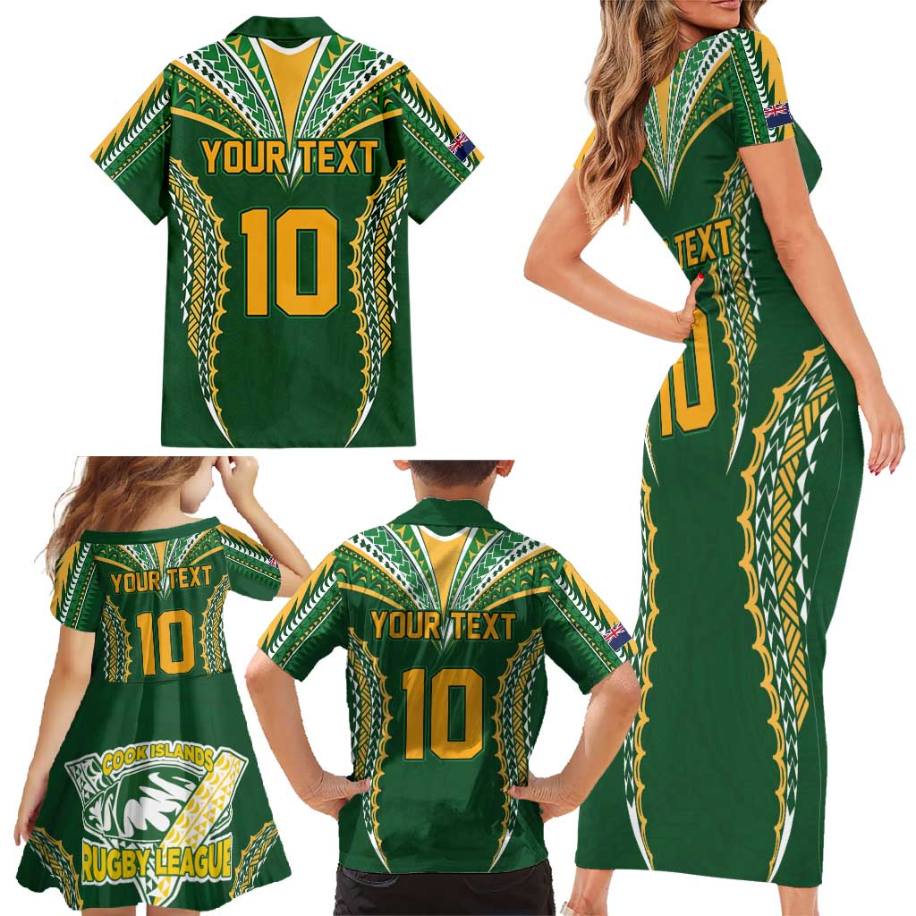 Custom Cook Islands Rugby League Family Matching Short Sleeve Bodycon Dress and Hawaiian Shirt Tatau Tribal Pattern-Special Edition Green Color
