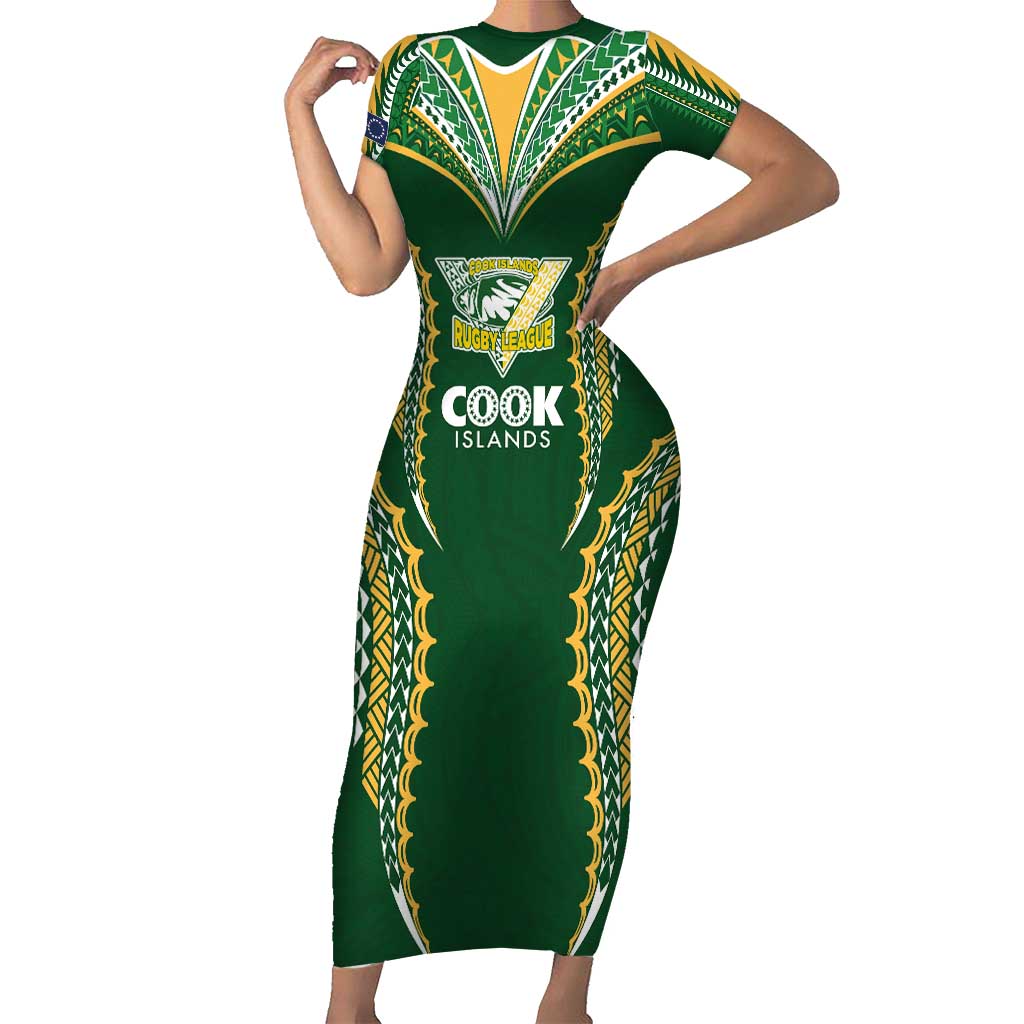 Custom Cook Islands Rugby League Family Matching Short Sleeve Bodycon Dress and Hawaiian Shirt Tatau Tribal Pattern-Special Edition Green Color