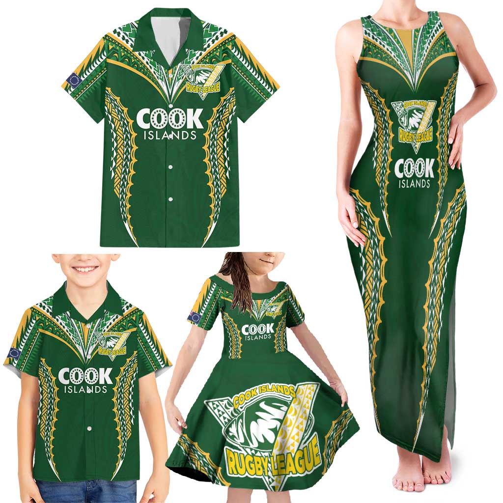 Custom Cook Islands Rugby League Family Matching Tank Maxi Dress and Hawaiian Shirt Tatau Tribal Pattern-Special Edition Green Color