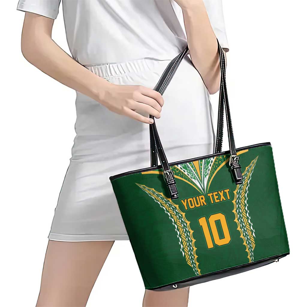 Custom Cook Islands Rugby League Leather Tote Bag Tatau Tribal Pattern-Special Edition Green Color