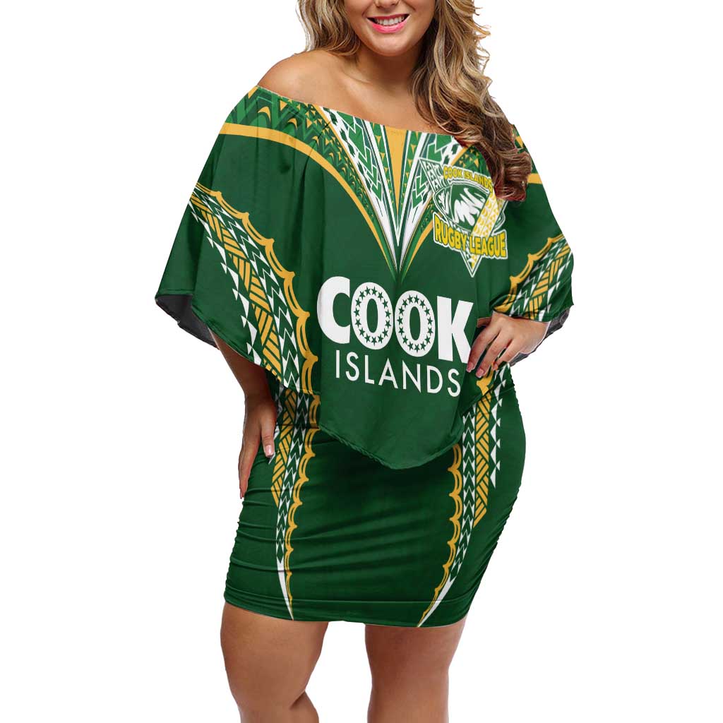 Custom Cook Islands Rugby League Off Shoulder Short Dress Tatau Tribal Pattern-Special Edition Green Color