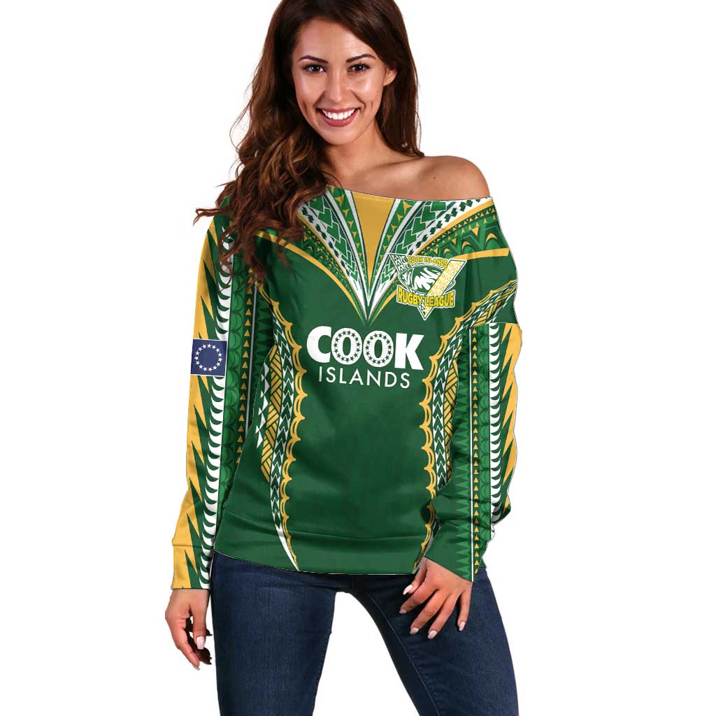 Custom Cook Islands Rugby League Off Shoulder Sweater Tatau Tribal Pattern-Special Edition Green Color