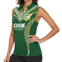 Custom Cook Islands Rugby League Women Sleeveless Polo Shirt Tatau Tribal Pattern-Special Edition Green Color