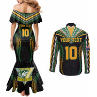 Custom Cook Islands Rugby League Couples Matching Mermaid Dress and Long Sleeve Button Shirt Tatau Tribal Pattern-Special Edition Black Color