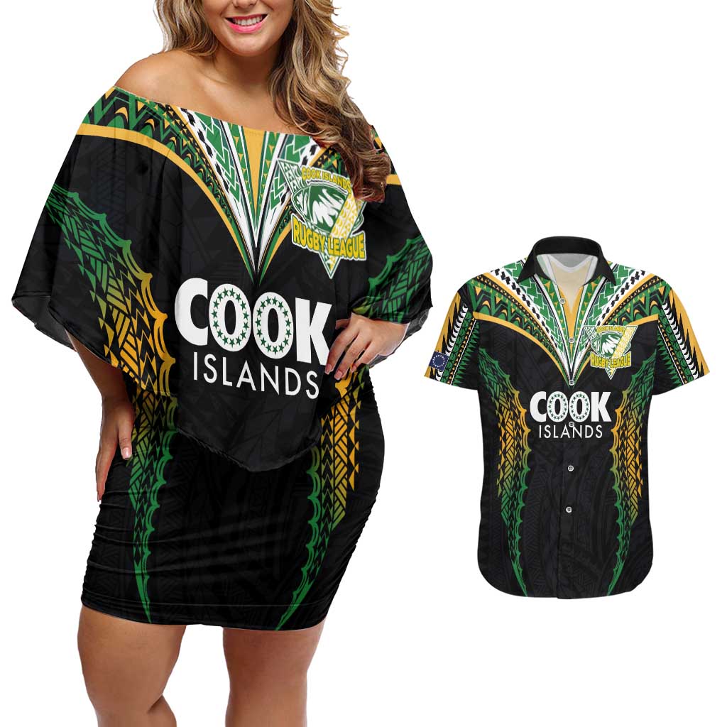 Custom Cook Islands Rugby League Couples Matching Off Shoulder Short Dress and Hawaiian Shirt Tatau Tribal Pattern-Special Edition Black Color