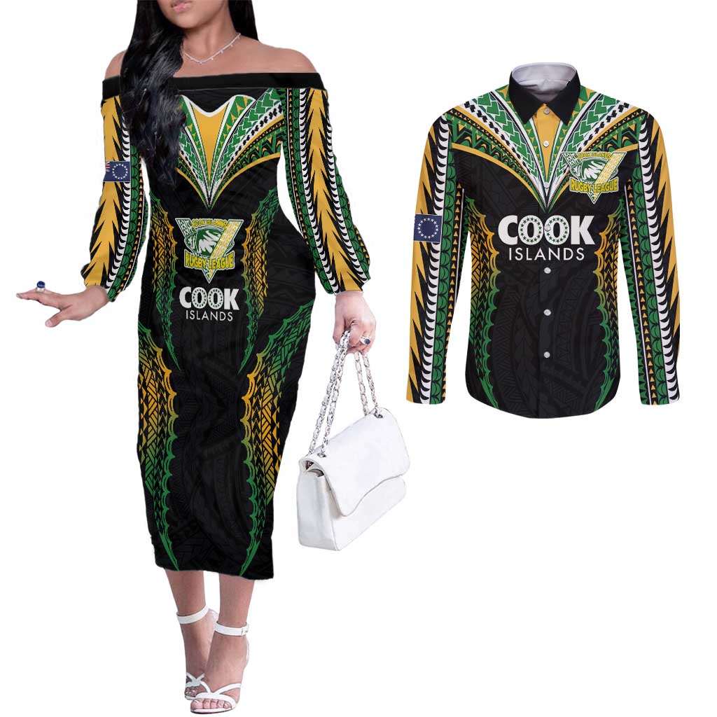 Custom Cook Islands Rugby League Couples Matching Off The Shoulder Long Sleeve Dress and Long Sleeve Button Shirt Tatau Tribal Pattern-Special Edition Black Color