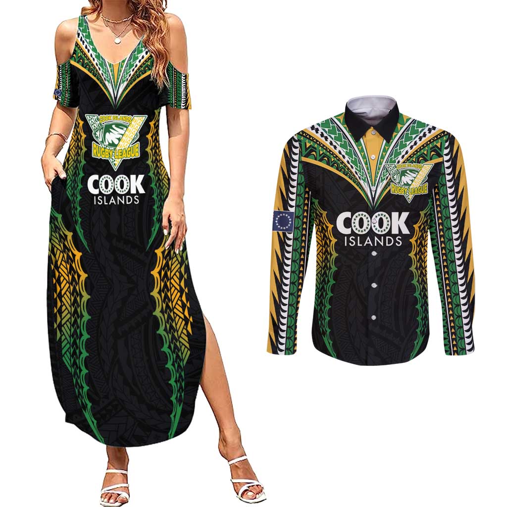 Custom Cook Islands Rugby League Couples Matching Summer Maxi Dress and Long Sleeve Button Shirt Tatau Tribal Pattern-Special Edition Black Color