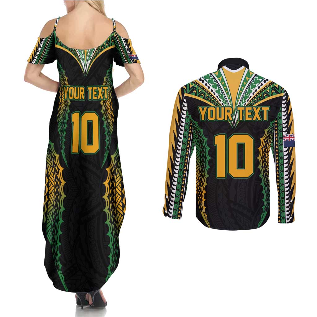 Custom Cook Islands Rugby League Couples Matching Summer Maxi Dress and Long Sleeve Button Shirt Tatau Tribal Pattern-Special Edition Black Color