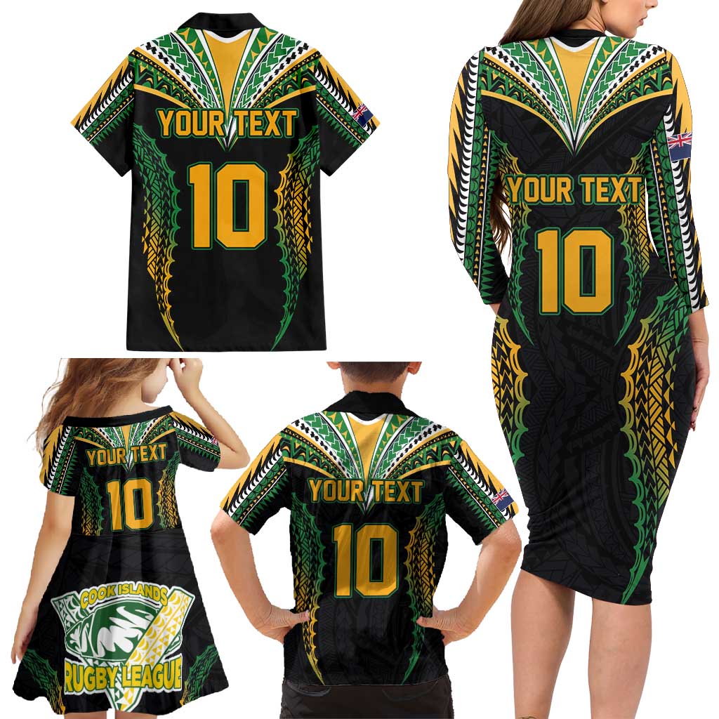 Custom Cook Islands Rugby League Family Matching Long Sleeve Bodycon Dress and Hawaiian Shirt Tatau Tribal Pattern-Special Edition Black Color