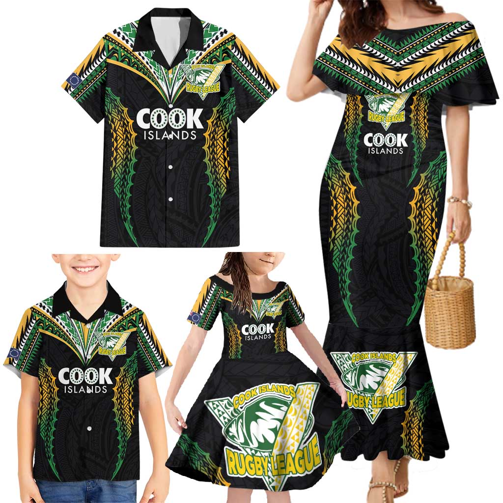 Custom Cook Islands Rugby League Family Matching Mermaid Dress and Hawaiian Shirt Tatau Tribal Pattern-Special Edition Black Color