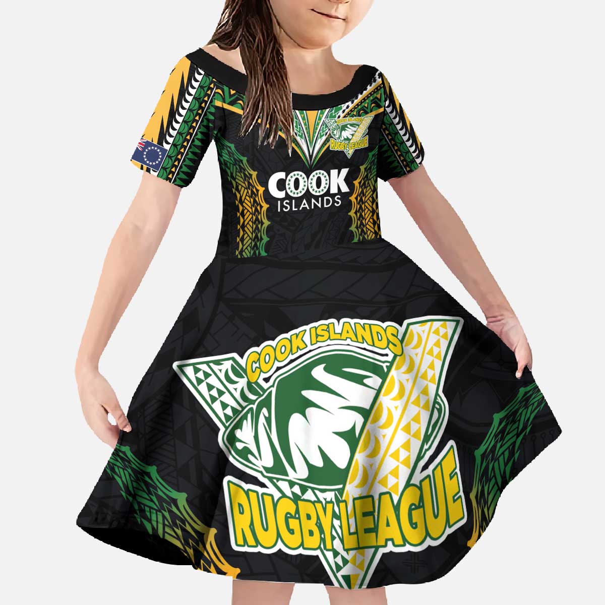 Custom Cook Islands Rugby League Family Matching Off The Shoulder Long Sleeve Dress and Hawaiian Shirt Tatau Tribal Pattern-Special Edition Black Color